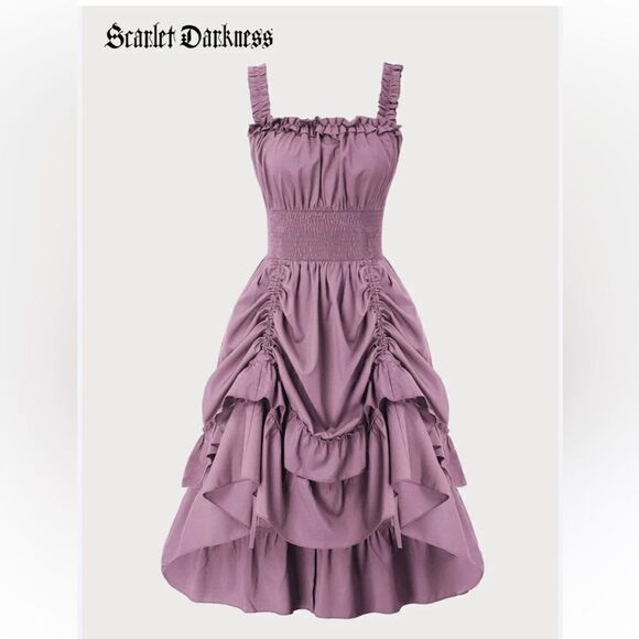 Scarlet Darkness Pleated Gothic Steampunk High Low Dress - Picture 2 of 12